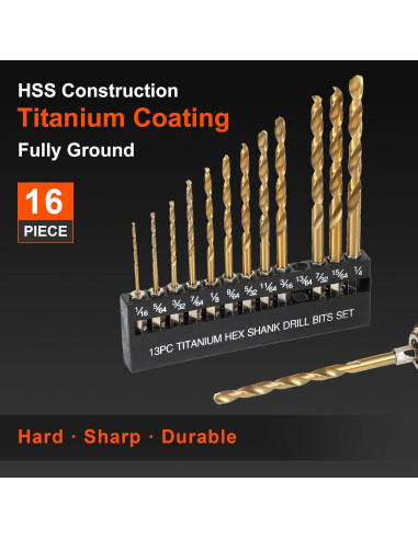 Juego de Brocas de Titanio COMOWARE - 16 Pcs 1,59-6,35 mm