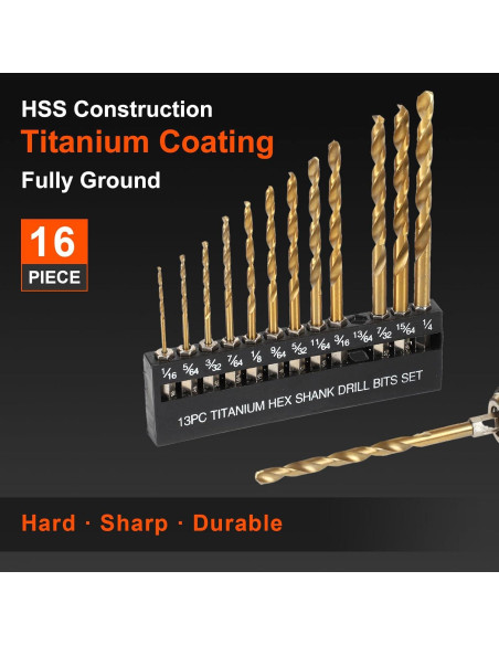 Juego de Brocas de Titanio COMOWARE - 16 Pcs 1,59-6,35 mm