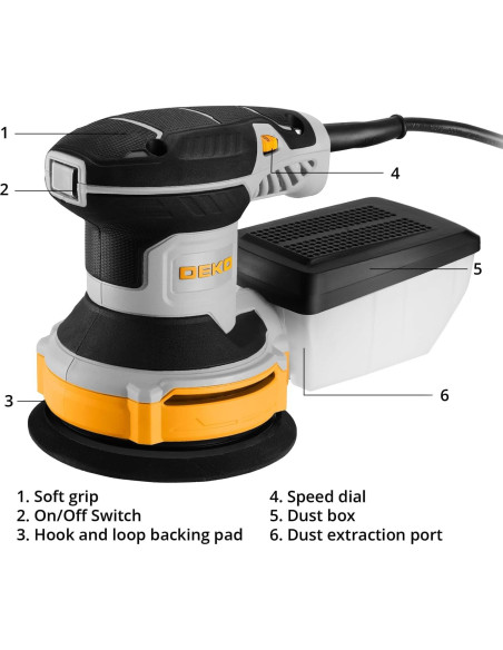 Lijadora Orbital Eléctrica DEKOPRO 5" 6 Velocidades con Polvo