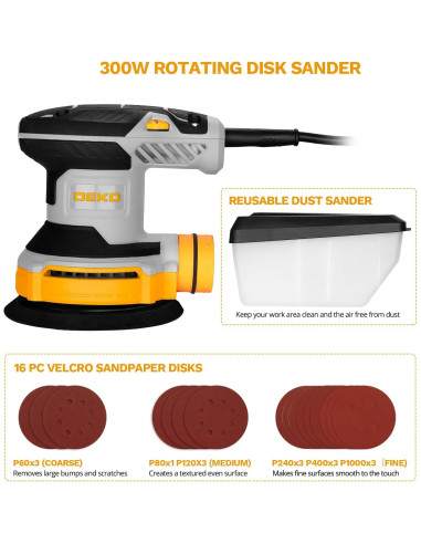 Lijadora Orbital Eléctrica DEKOPRO 5" 6 Velocidades con Polvo