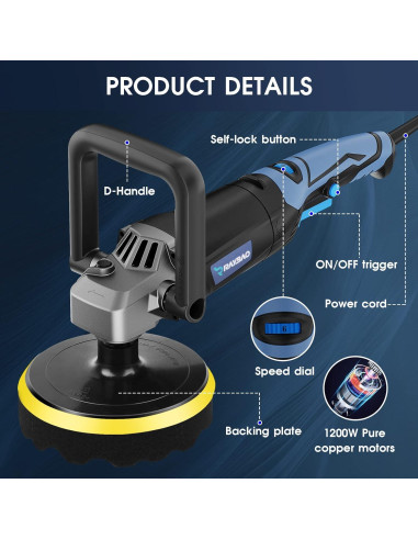 Pulidor RAYBAO 1200W Rotativo 6/7" Velocidad 1600-3500RPM