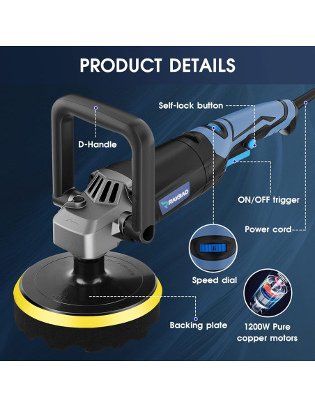 Pulidor RAYBAO 1200W Rotativo 6/7" Velocidad 1600-3500RPM