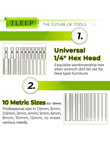 Juego de Brocas Hexagonales Allen TLEEP 10 Piezas 12mm a 1.5mm