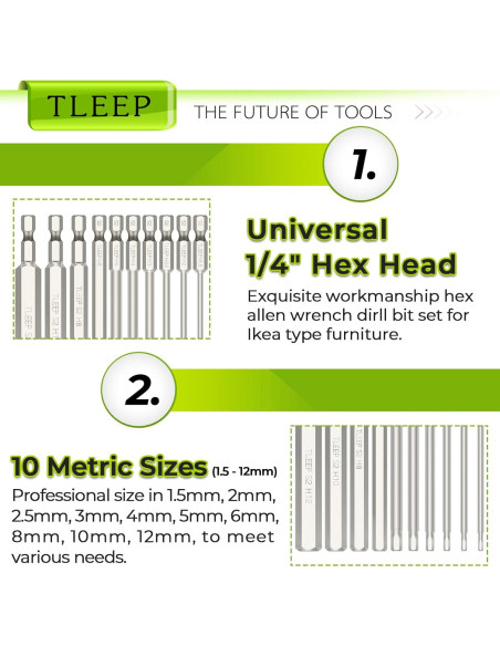 Juego de Brocas Hexagonales Allen TLEEP 10 Piezas 12mm a 1.5mm