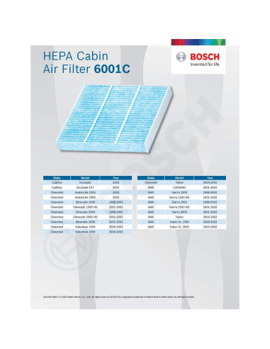 Filtro de Aire de Cabina HEPA Bosch 6001C - Compatible con Cadillac y Chevrolet