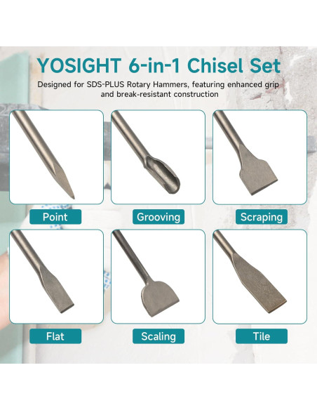 Juego de 6 Cinceles SDS-Plus YOSIGHT para Martillo Rotativo