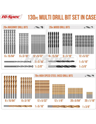 Juego de Brocas Hi-Spec 130pc 11 Tamaños 1.59mm a 9.53mm