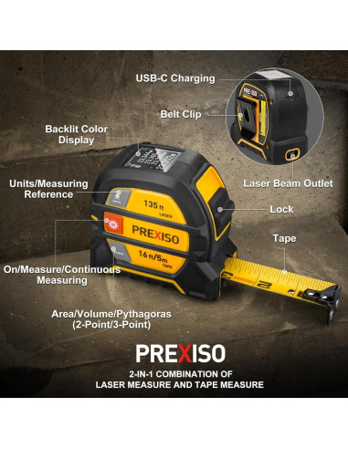 Cinta Métrica Láser 2-en-1 Prexiso PLT40LI 40,64m y 4,88m