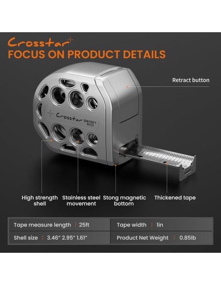 Cinta Métrica Crosstar 7,62m Doble Cara Magnética Impermeable