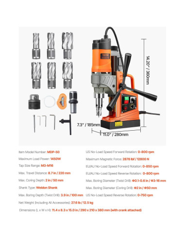 Taladro Magnético VEVOR 1450W 5.08cm 800 RPM con Brocas