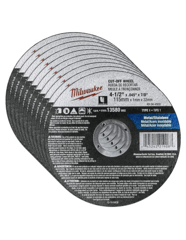 Paquete de 10 Ruedas de Corte Milwaukee 4.5" para Metal INOX