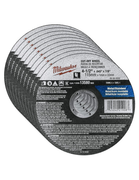 Paquete de 10 Ruedas de Corte Milwaukee 4.5" para Metal INOX