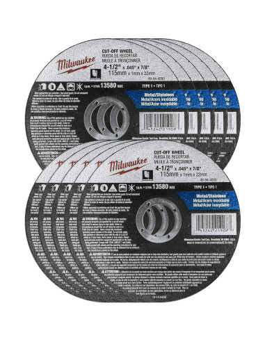 Paquete de 10 Ruedas de Corte Milwaukee 4.5" para Metal INOX