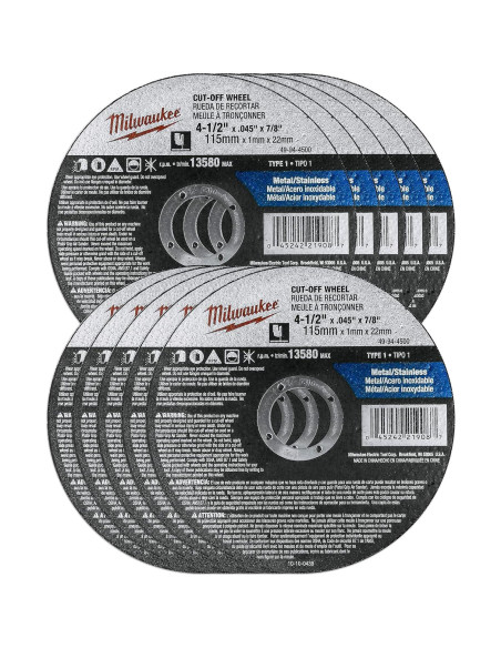 Paquete de 10 Ruedas de Corte Milwaukee 4.5" para Metal INOX