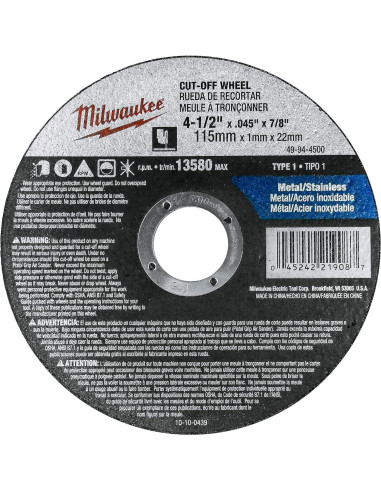 Paquete de 10 Ruedas de Corte Milwaukee 4.5" para Metal INOX