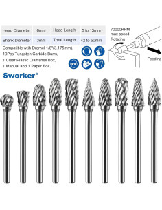 Juego de 10 Brocas Carburo Tungsteno Sworker 3 mm Detalle 2