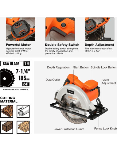 Sierra Circular Eléctrica Yunirvana 11A 6000RPM 18.42cm