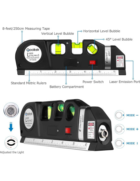 Nivel láser Qooltek con trípode y cinta métrica 2,44 m