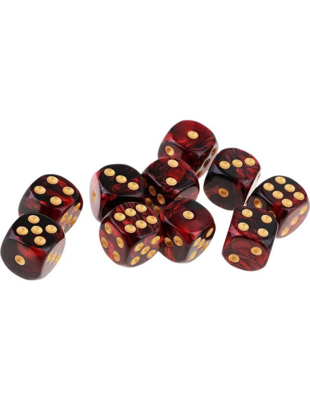 10 Dados Poliedricos D6 Acrílicos 16mm Rojo Negro para RPG