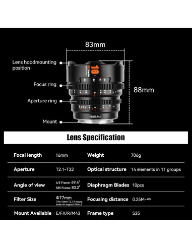 Lente de Cine 7artisans 16mm T2.1 para Montura Fuji X
