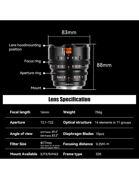 Lente de Cine 7artisans 16mm T2.1 para Montura Fuji X