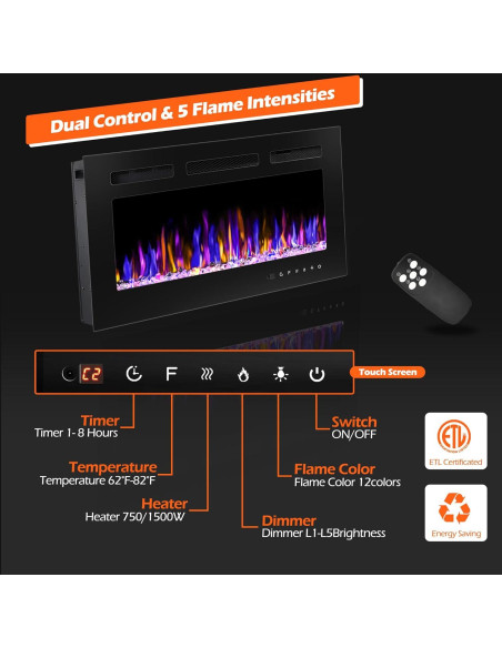 Chimenea Eléctrica Montada en Pared BETELNUT 76.2 cm 750/1500W