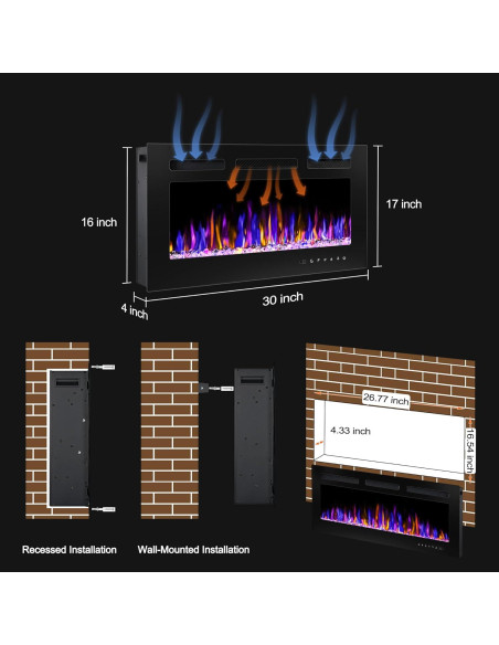 Chimenea Eléctrica Montada en Pared BETELNUT 76.2 cm 750/1500W