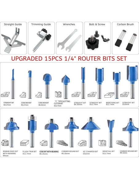 Router Compacto TwoWin 800W 110V con 15 Brocas de Carburo