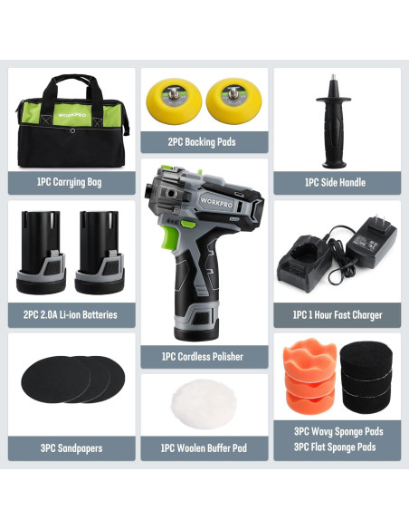 Pulidor Inalámbrico WORKPRO 12V Mini 3" con 2 Baterías Pulidor Inalámbrico WORKPRO 12V Mini 3" con 2 Baterías