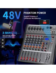 Mezclador de Audio 6 Canales Kmise USB BT 48V Phantom 2