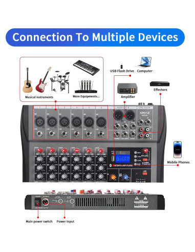 Mezclador de Audio 6 Canales Kmise USB BT 48V Phantom