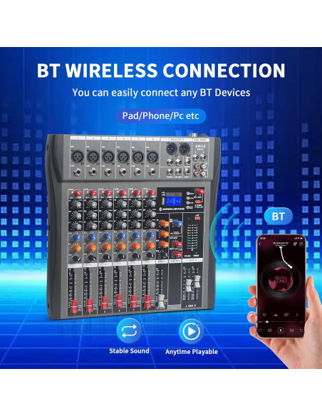 Mezclador de Audio 6 Canales Kmise USB BT 48V Phantom