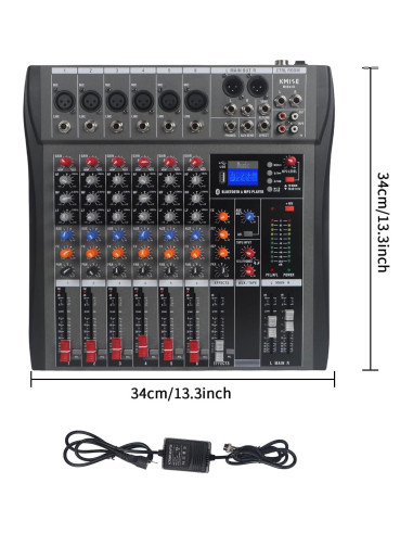 Mezclador de Audio 6 Canales Kmise USB BT 48V Phantom