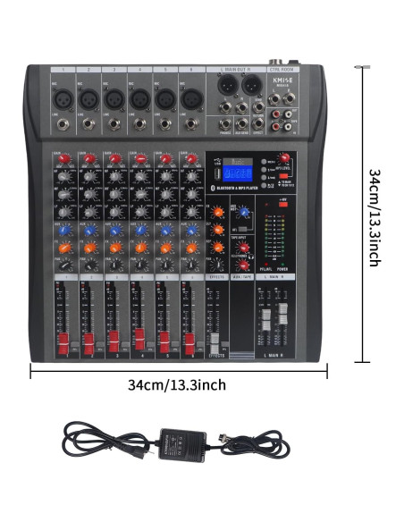 Mezclador de Audio 6 Canales Kmise USB BT 48V Phantom