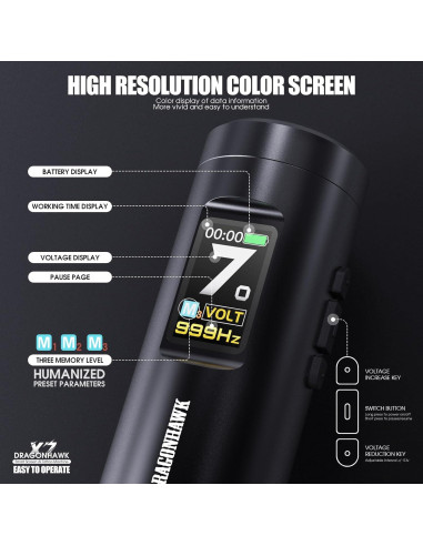 Kit de Tatuaje Dragonhawk X7 Inalámbrico con Pantalla Inteligente