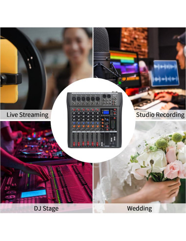 Mezclador de Audio 6 Canales Kmise USB BT 48V Phantom
