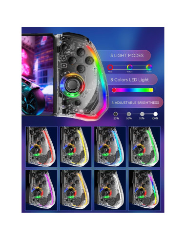 Controlador de Mano Momen Clear Switch para Nintendo Switch - LED 8 Colores, Vibración Dual, Turbo