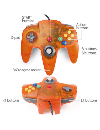 Controlador N64 con Cable Suily - Pack de 2, Negro y Naranja