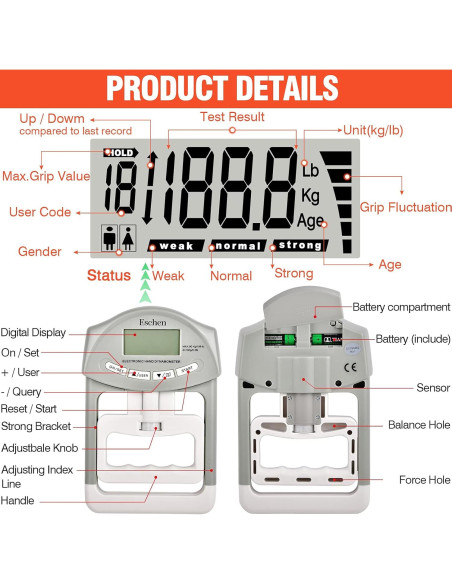 Entrenador de Fuerza de Agarre Eschen 90 kg Ajustable Electrónico