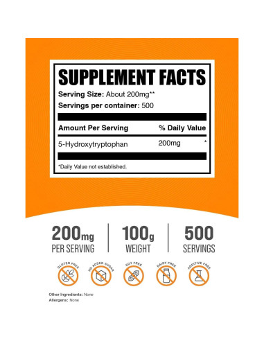 BulkSupplements Polvo 5-HTP 200mg - Suplemento Sin Gluten 100g