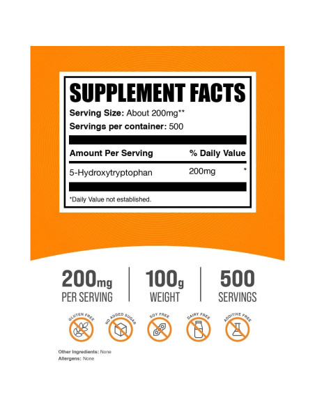 BulkSupplements Polvo 5-HTP 200mg - Suplemento Sin Gluten 100g