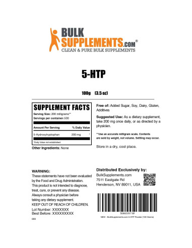 BulkSupplements Polvo 5-HTP 200mg - Suplemento Sin Gluten 100g