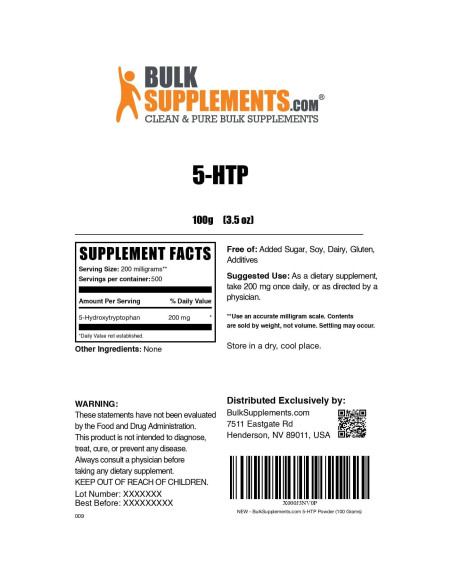 BulkSupplements Polvo 5-HTP 200mg - Suplemento Sin Gluten 100g