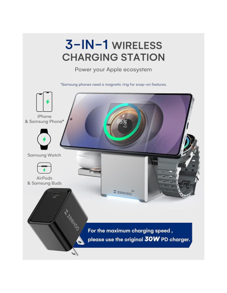 Estación de Carga 3 en 1 ZEEHOO para iPhone y Samsung, 15W