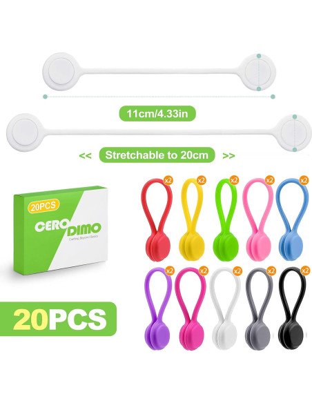 20 Sujetadores Magnéticos de Cable CeroDimo Silicona Multicolor