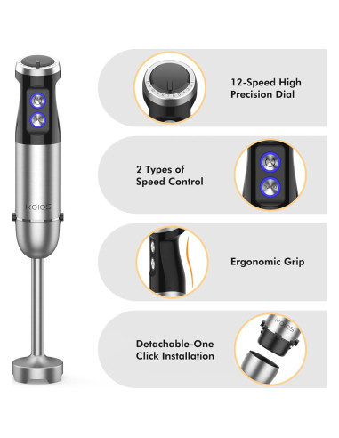 Batidora de Mano KOIOS 1000W 5-en-1 Acero Inoxidable 12 Velocidades