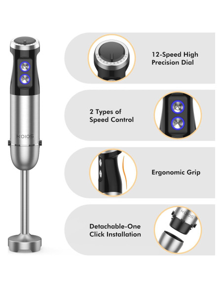 Batidora de Mano KOIOS 1000W 5-en-1 Acero Inoxidable 12 Velocidades