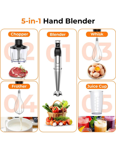 Batidora de Inmersión KOIOS 5 en 1 1100W Acero Inoxidable