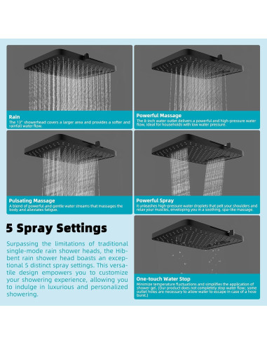 Cabezal de Ducha de Lluvia Hibbent 33 cm 5 Modos Alta Presión