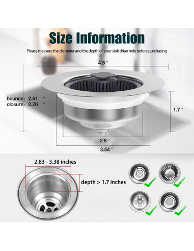 Colador de desagüe de fregadero MELAUDI 3 en 1 acero inoxidable